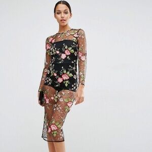 ASOS Petite Naked Floral Mesh Lace Party Midi Dress UK 6 US 2 with bodysuit